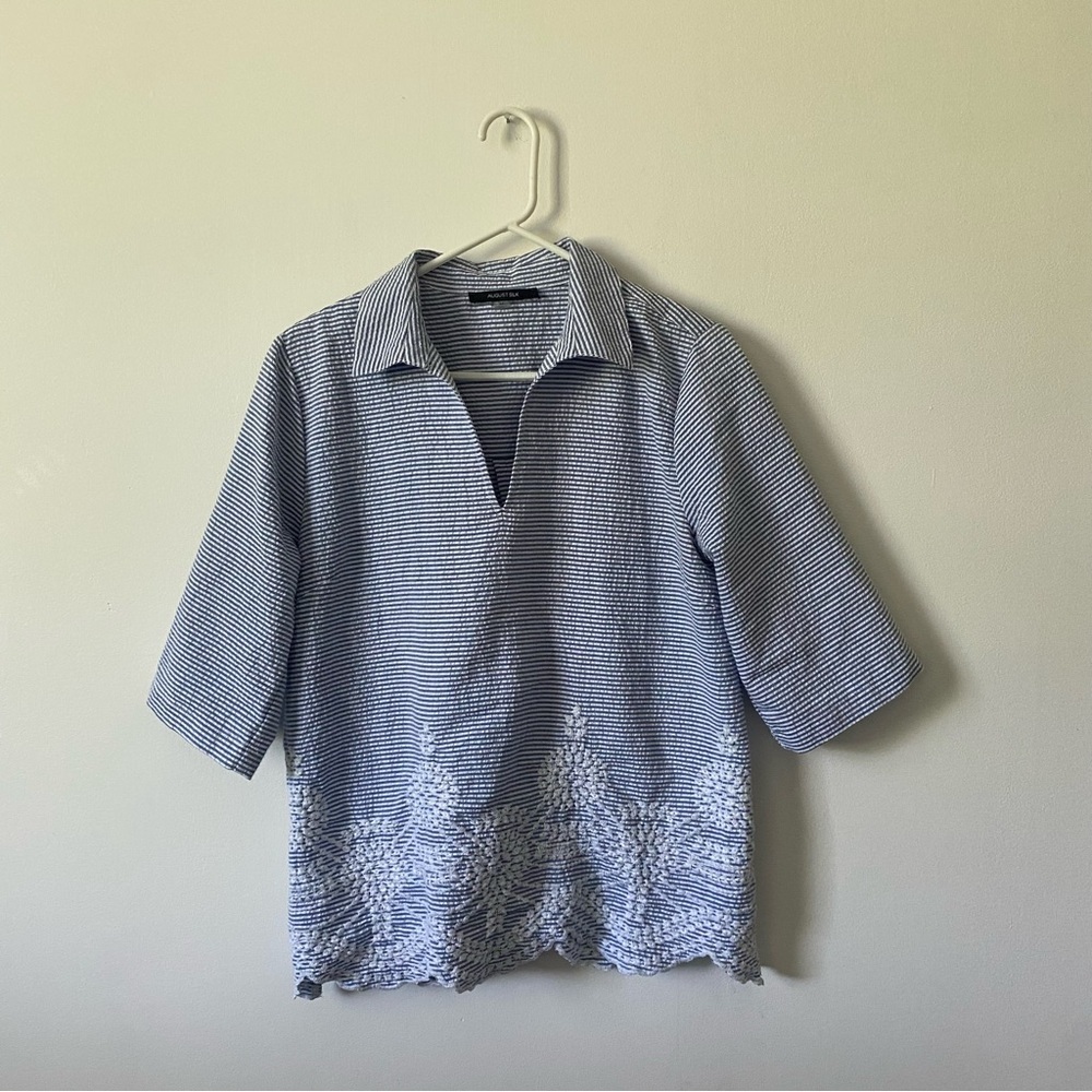 August Silk Navy Striped Collared Embroidered Floral Blouse M